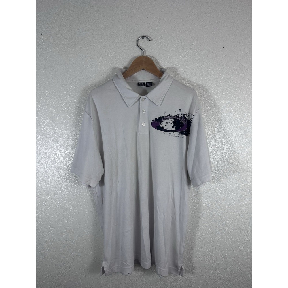 Vintage Oakley Software White Graphic Polo Shirt XL Y2K 2000s Cyber Tech